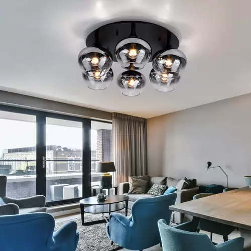 Deckenlampe Rauchglas Deckenleuchte Esszimmerleuchte rund Glaskugel Schlafzimmer, Metall schwarz, 6x E27, DxH 65x25,5 cm Deckenlampe Rauchglas Deckenleuchte Esszimmerleuchte rund Glaskugel Schlafzimmer, Metall schwarz, 6x E27, DxH 65x25,5 cm