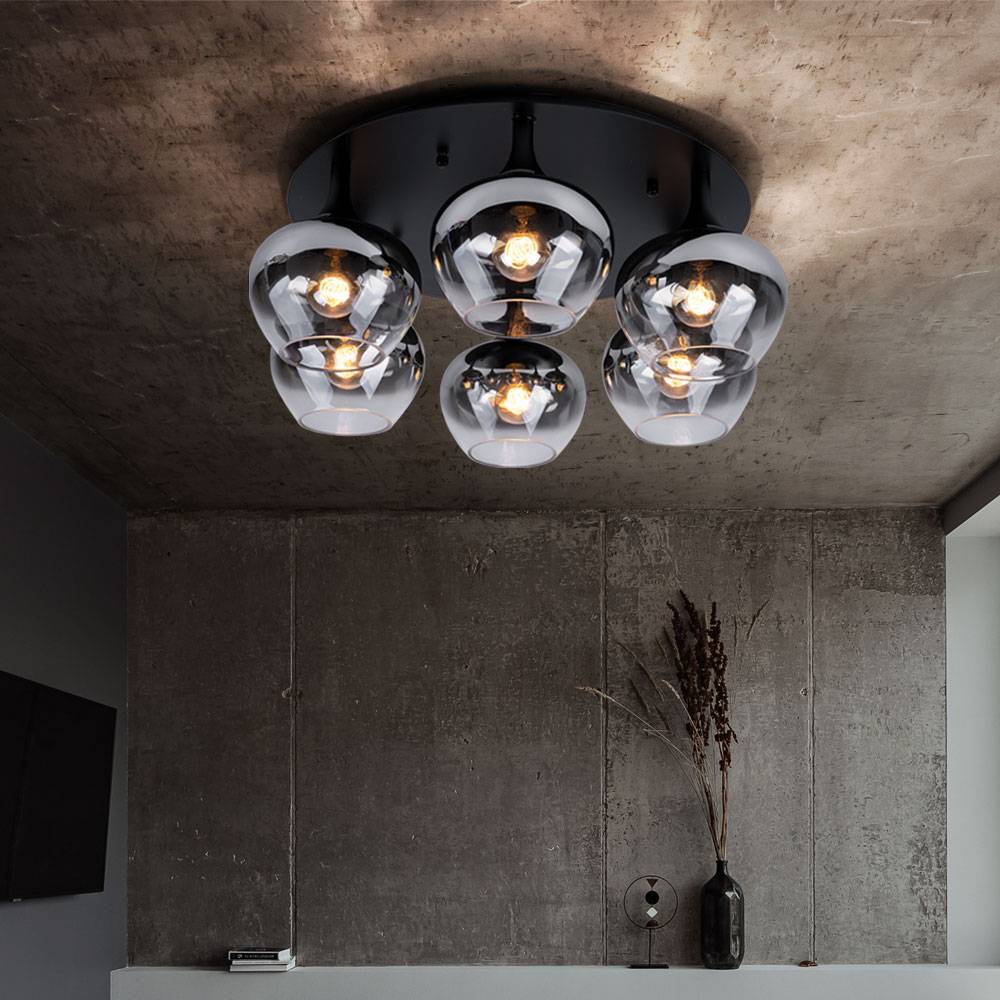 Deckenlampe Rauchglas Deckenleuchte Esszimmerleuchte rund Glaskugel Schlafzimmer, Metall schwarz, 6x E27, DxH 65x25,5 cm