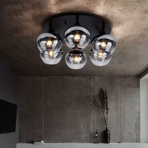 Deckenlampe Rauchglas Deckenleuchte Esszimmerleuchte rund Glaskugel Schlafzimmer, Metall schwarz, 6x E27, DxH 65x25,5 cm Deckenlampe Rauchglas Deckenleuchte Esszimmerleuchte rund Glaskugel Schlafzimmer, Metall schwarz, 6x E27, DxH 65x25,5 cm