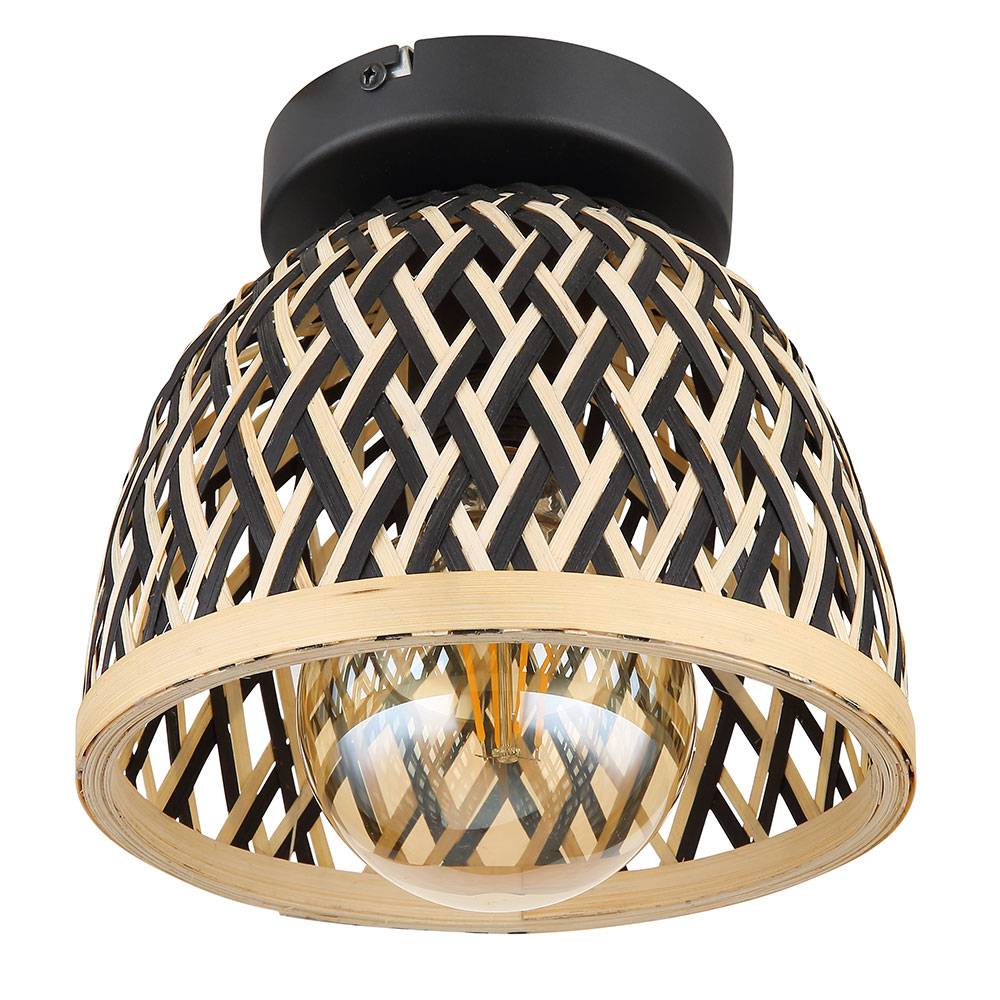 Deckenlampe Bohostil Schlafzimmerlampe braun Deckenleuchte Bambus, Natur Schirm geflochten, Holz Metall schwarz, 1x E27 Fassung, DxH 20x17,5 cm