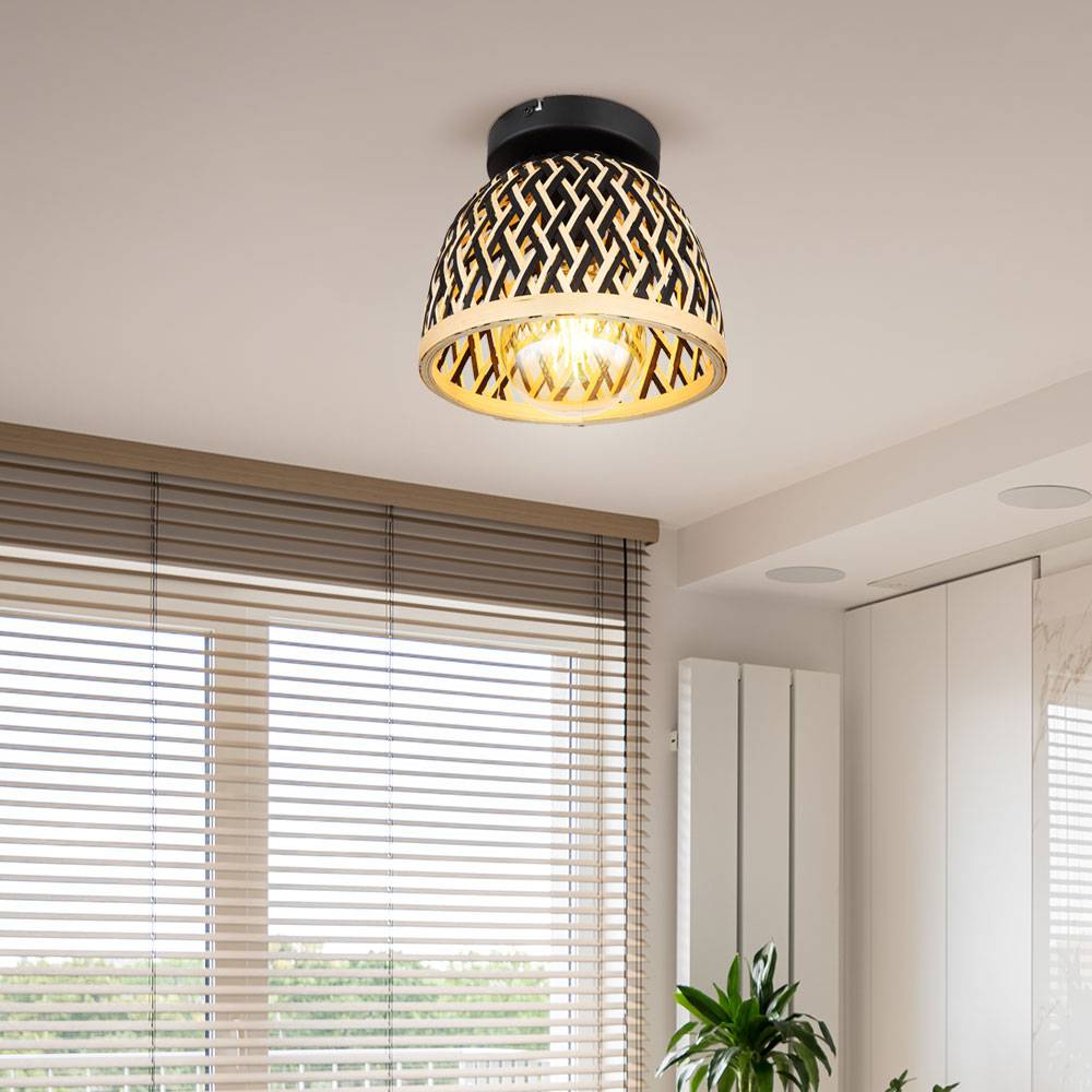 Deckenlampe Bohostil Schlafzimmerlampe braun Deckenleuchte Bambus, Natur Schirm geflochten, Holz Metall schwarz, 1x E27 Fassung, DxH 20x17,5 cm