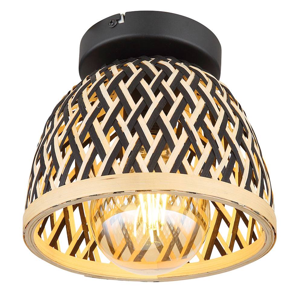Deckenlampe Bohostil Schlafzimmerlampe braun Deckenleuchte Bambus, Natur Schirm geflochten, Holz Metall schwarz, 1x E27 Fassung, DxH 20x17,5 cm