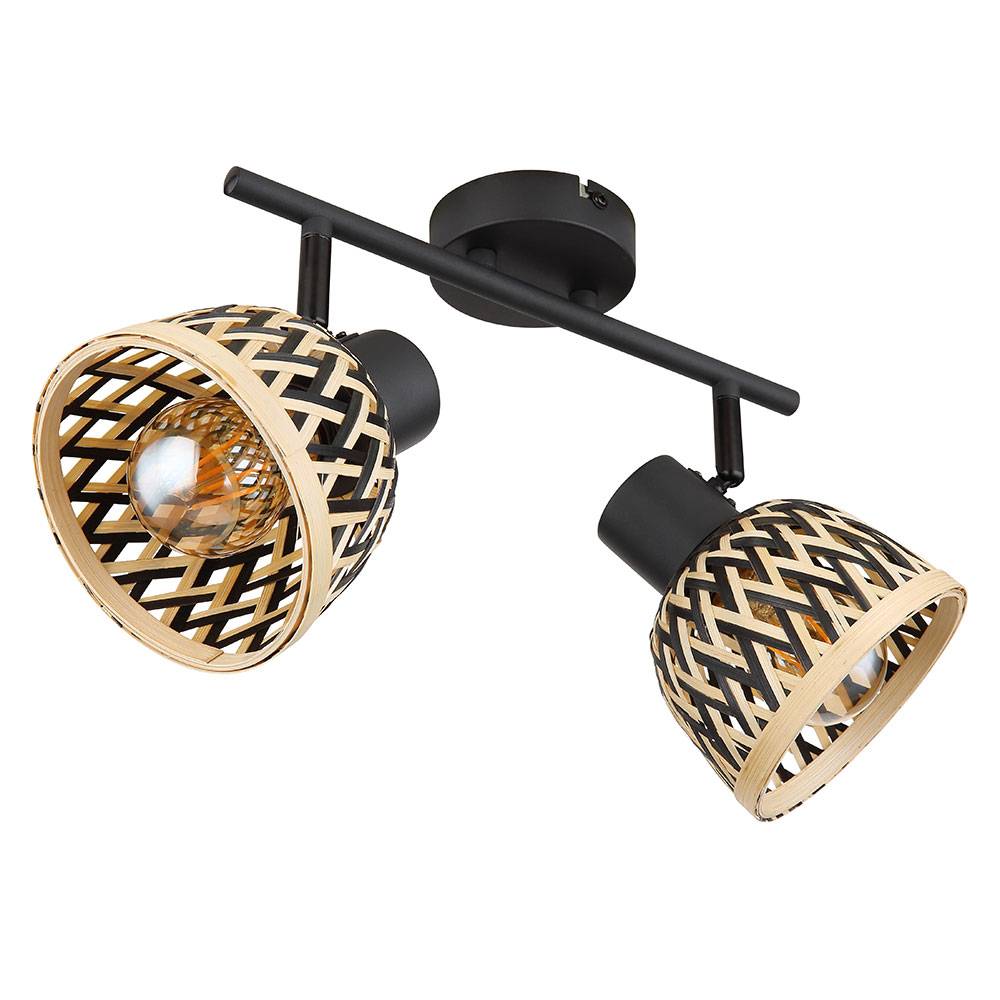Deckenlampe schwarz Spotleiste Bambus Wohnzimmerlampe modern Deckenstrahler 2-flammig natur, Deckenleuchte Spots verstellbar, Metall, 2x E27