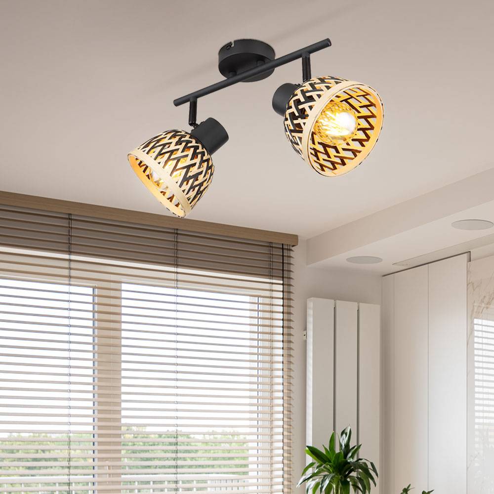 Deckenlampe schwarz Spotleiste Bambus Wohnzimmerlampe modern Deckenstrahler 2-flammig natur, Deckenleuchte Spots verstellbar, Metall, 2x E27