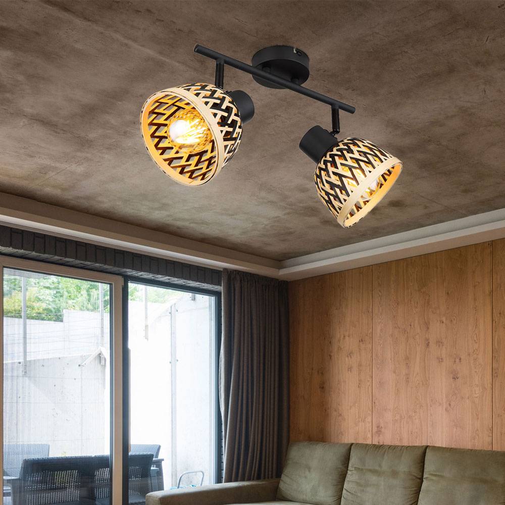 Deckenlampe schwarz Spotleiste Bambus Wohnzimmerlampe modern Deckenstrahler 2-flammig natur, Deckenleuchte Spots verstellbar, Metall, 2x E27
