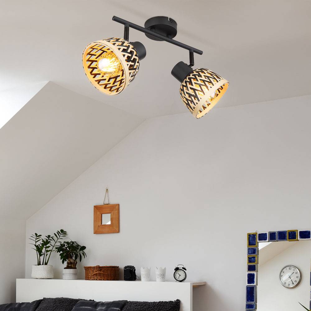 Deckenlampe schwarz Spotleiste Bambus Wohnzimmerlampe modern Deckenstrahler 2-flammig natur, Deckenleuchte Spots verstellbar, Metall, 2x E27