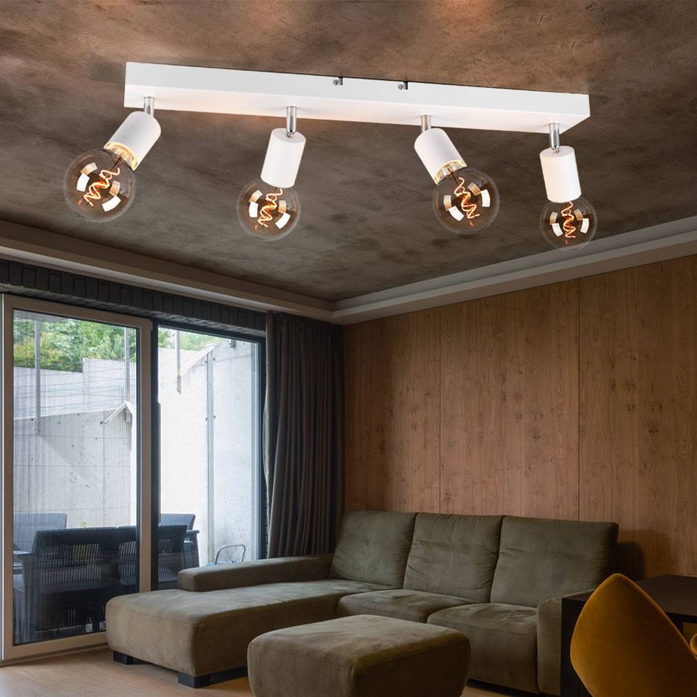 Deckenlampe Deckenleuchte Spotleuchte Flurlampe, 4 flammig Spots beweglich, Metall weiß matt, 4x E27 Fassungen, HxBxT 12x60x9cm