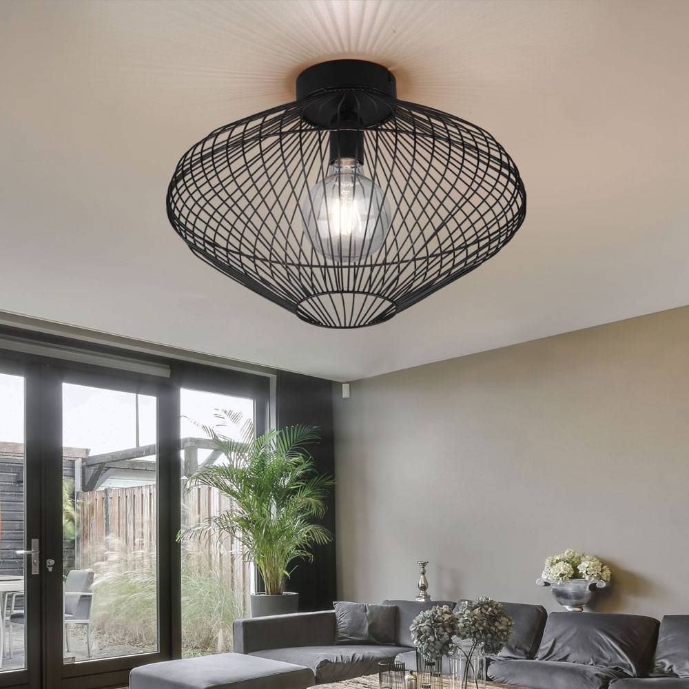 Deckenleuchte Metall Deckenlampe schwarz Käfig rund Esszimmer Lampe in Gitterform, Metall, rund, Fassung 1x E27, DxH 38x26 cm