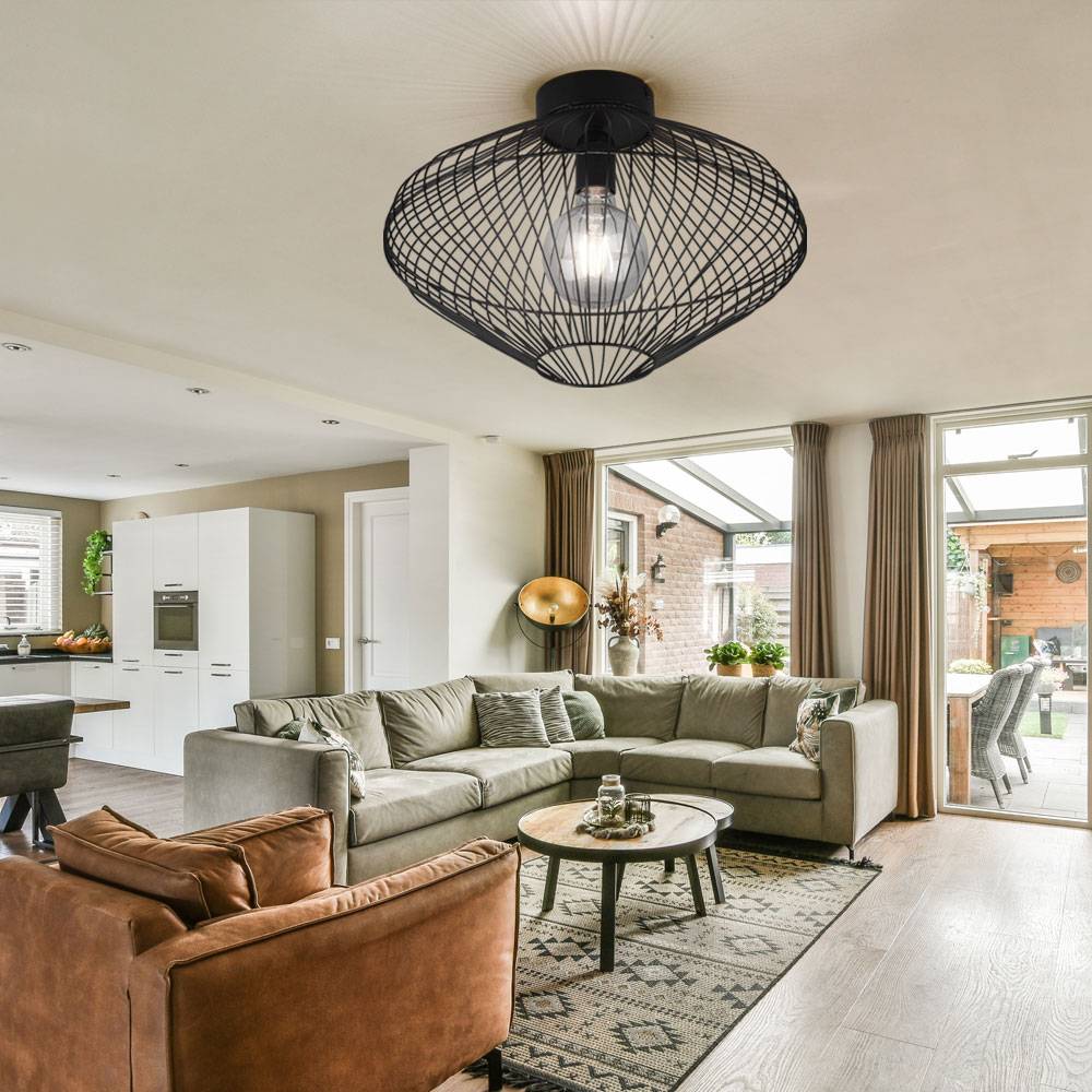 Deckenleuchte Metall Deckenlampe schwarz Käfig rund Esszimmer Lampe in Gitterform, Metall, rund, Fassung 1x E27, DxH 38x26 cm