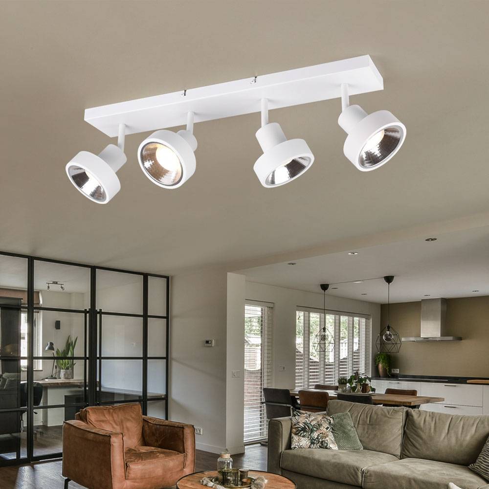 Deckenlampe Spotleuchte Spotlampe Wohnzimmerlampe, 4 flammig Spots beweglich, Metall weiß matt, 4x GU10 Fassungen, HxBxT 19x60x16cm