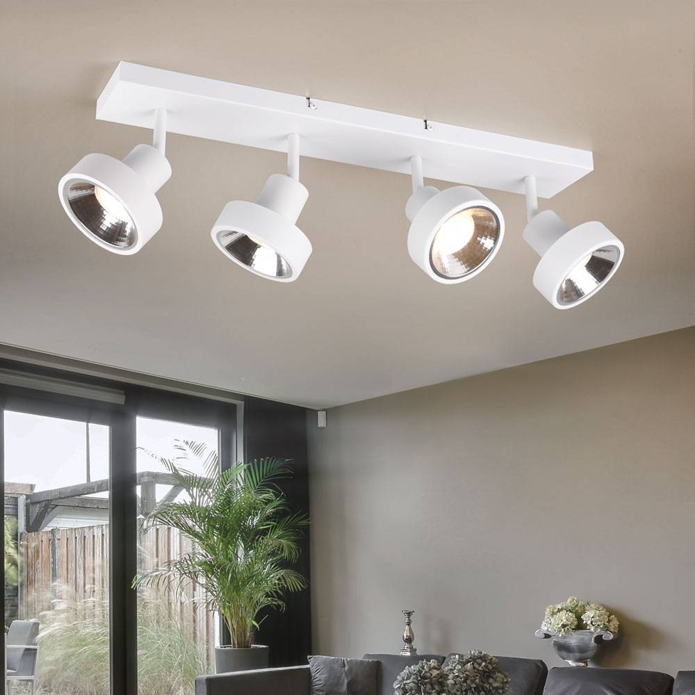 Deckenlampe Spotleuchte Spotlampe Wohnzimmerlampe, 4 flammig Spots beweglich, Metall weiß matt, 4x GU10 Fassungen, HxBxT 19x60x16cm
