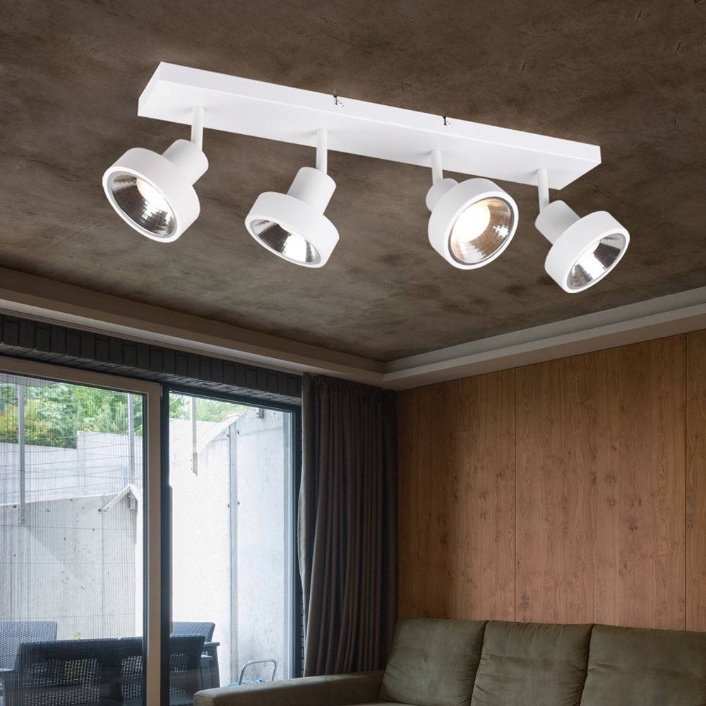 Deckenlampe Spotleuchte Spotlampe Wohnzimmerlampe, 4 flammig Spots beweglich, Metall weiß matt, 4x GU10 Fassungen, HxBxT 19x60x16cm