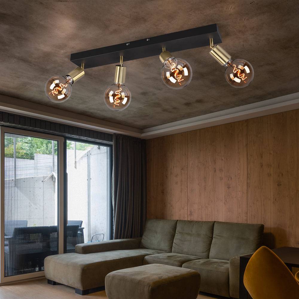 Deckenlampe schwarz Wohnzimmerleuchte modern Spotleiste 4-flammig, Deckenstrahler verstellbar, Metall gold matt, 4x E27 Fassung, LxBxH 60x9x12 cm