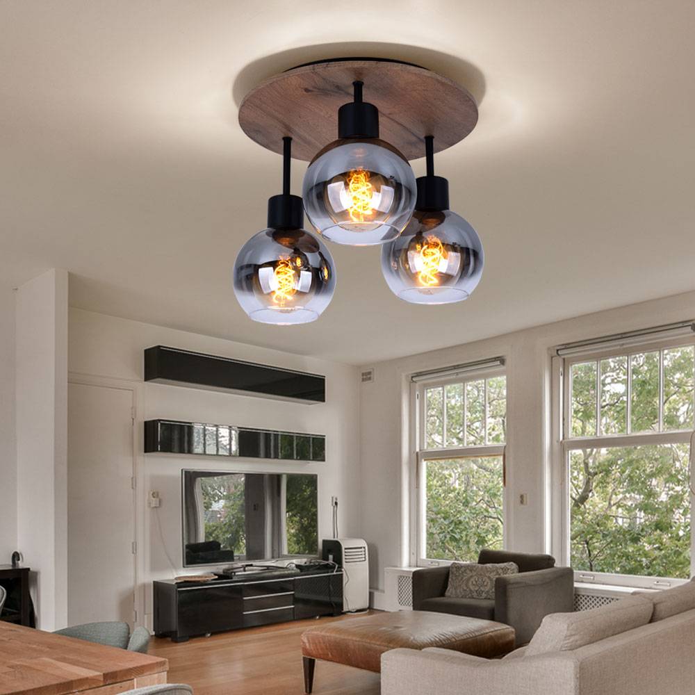 Deckenleuchte Schlafzimmerlampe Deckenstrahler Holzoptik Glasschirm 3-flammig Deckenlampe, Metall MDF, 3x E27 Fassung, DxH 38x30 cm