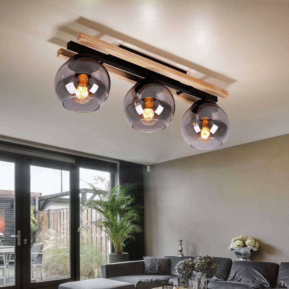 Deckenstrahler Holzleuchte 3-flammig Deckenlampe Deckenleuchte Schlafzimmerlampe, Glas rauch, Metall MDF hellbraun, 3x E27 Fassung, LxH 60 x 20,5 cm