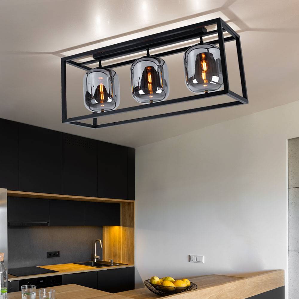 Deckenlampe Glasleuchte 3 flammig Glasschirm rauchfarben Deckenleuchte rund schwarz Wohnzimmerlampe, Metall Glas, schwarz, 3x E14, LxH 77x32,5 cm