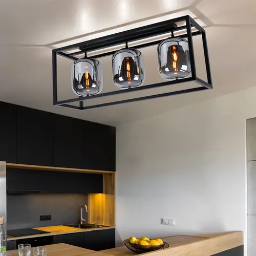 Deckenlampe Glasleuchte 3 flammig Glasschirm rauchfarben Deckenleuchte rund schwarz Wohnzimmerlampe, Metall Glas, schwarz, 3x E14, LxH 77x32,5 cm Deckenlampe Glasleuchte 3 flammig Glasschirm rauchfarben Deckenleuchte rund schwarz Wohnzimmerlampe, Metall Glas, schwarz, 3x E14, LxH 77x32,5 cm