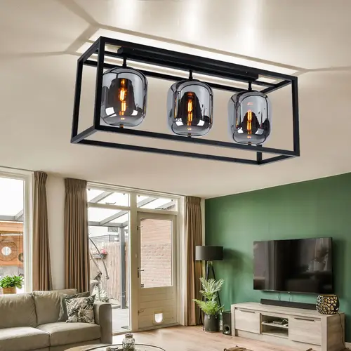 Deckenlampe Glasleuchte 3 flammig Glasschirm rauchfarben Deckenleuchte rund schwarz Wohnzimmerlampe, Metall Glas, schwarz, 3x E14, LxH 77x32,5 cm Deckenlampe Glasleuchte 3 flammig Glasschirm rauchfarben Deckenleuchte rund schwarz Wohnzimmerlampe, Metall Glas, schwarz, 3x E14, LxH 77x32,5 cm