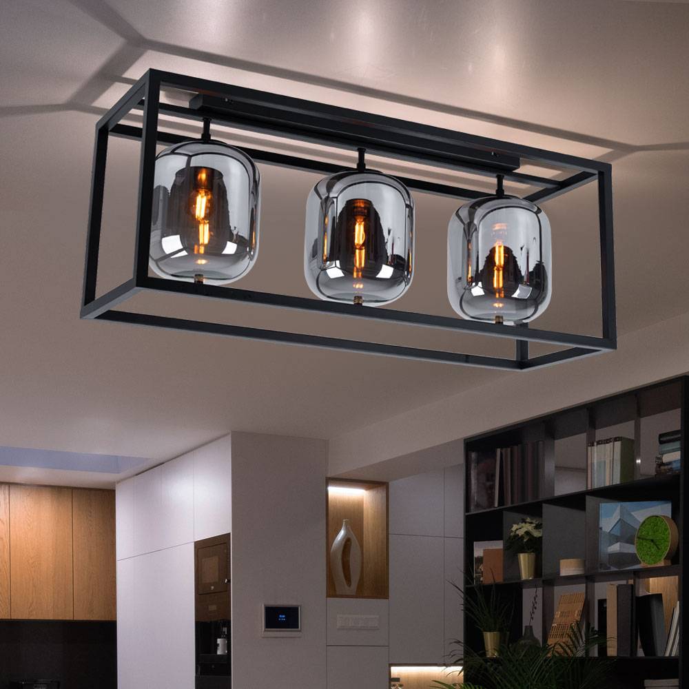 Deckenlampe Glasleuchte 3 flammig Glasschirm rauchfarben Deckenleuchte rund schwarz Wohnzimmerlampe, Metall Glas, schwarz, 3x E14, LxH 77x32,5 cm