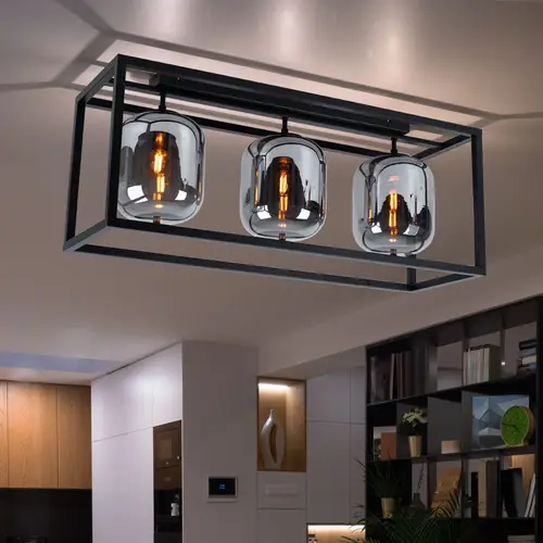 Deckenlampe Glasleuchte 3 flammig Glasschirm rauchfarben Deckenleuchte rund schwarz Wohnzimmerlampe, Metall Glas, schwarz, 3x E14, LxH 77x32,5 cm Deckenlampe Glasleuchte 3 flammig Glasschirm rauchfarben Deckenleuchte rund schwarz Wohnzimmerlampe, Metall Glas, schwarz, 3x E14, LxH 77x32,5 cm