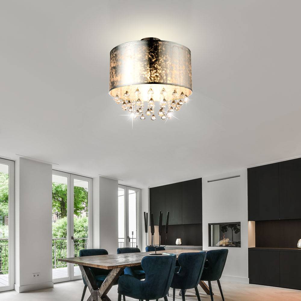 Deckenleuchte silber Wohnzimmerlampe Esszimmer Deckenlampe, Textil in Blattsilber Optik mit Kristallen, 1x E27, DxH 40 x 38 cm