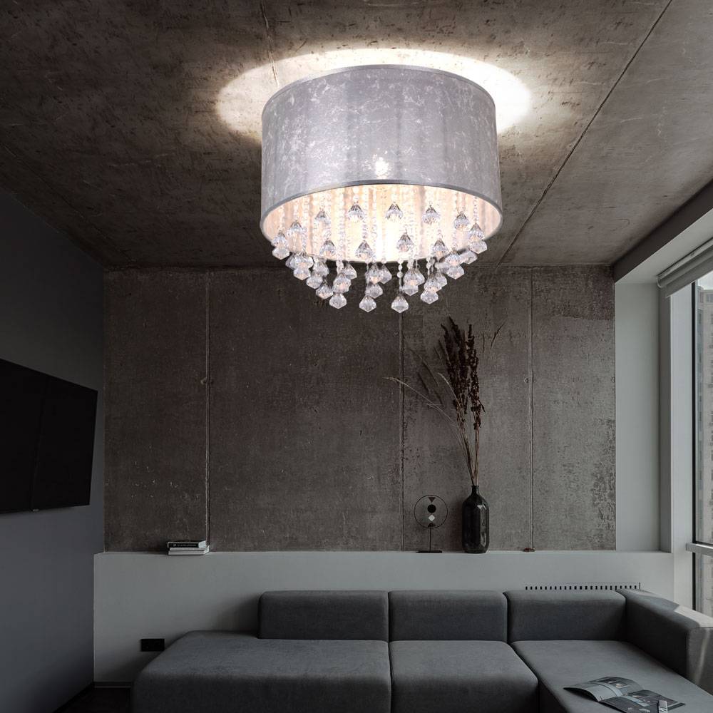 Deckenleuchte silber Wohnzimmerlampe Esszimmer Deckenlampe, Textil in Blattsilber Optik mit Kristallen, 1x E27, DxH 40 x 38 cm