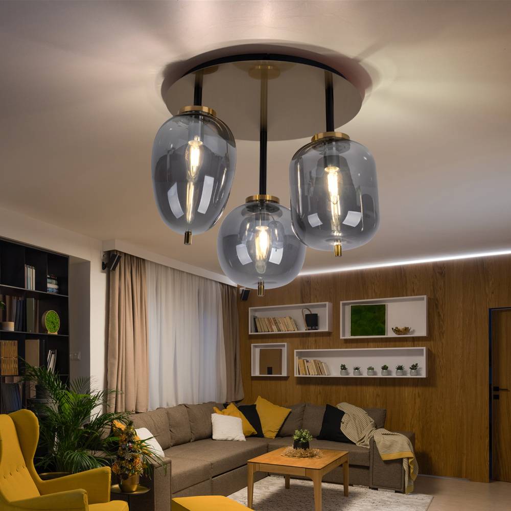 Deckenleuchte Glas Deckenlampe 3 flammig Lampenschirm Glas Wohnzimmerlampe Messing, Metall Glas messingfarbig, 3x E14 Fassungen, DxH 46x36 cm