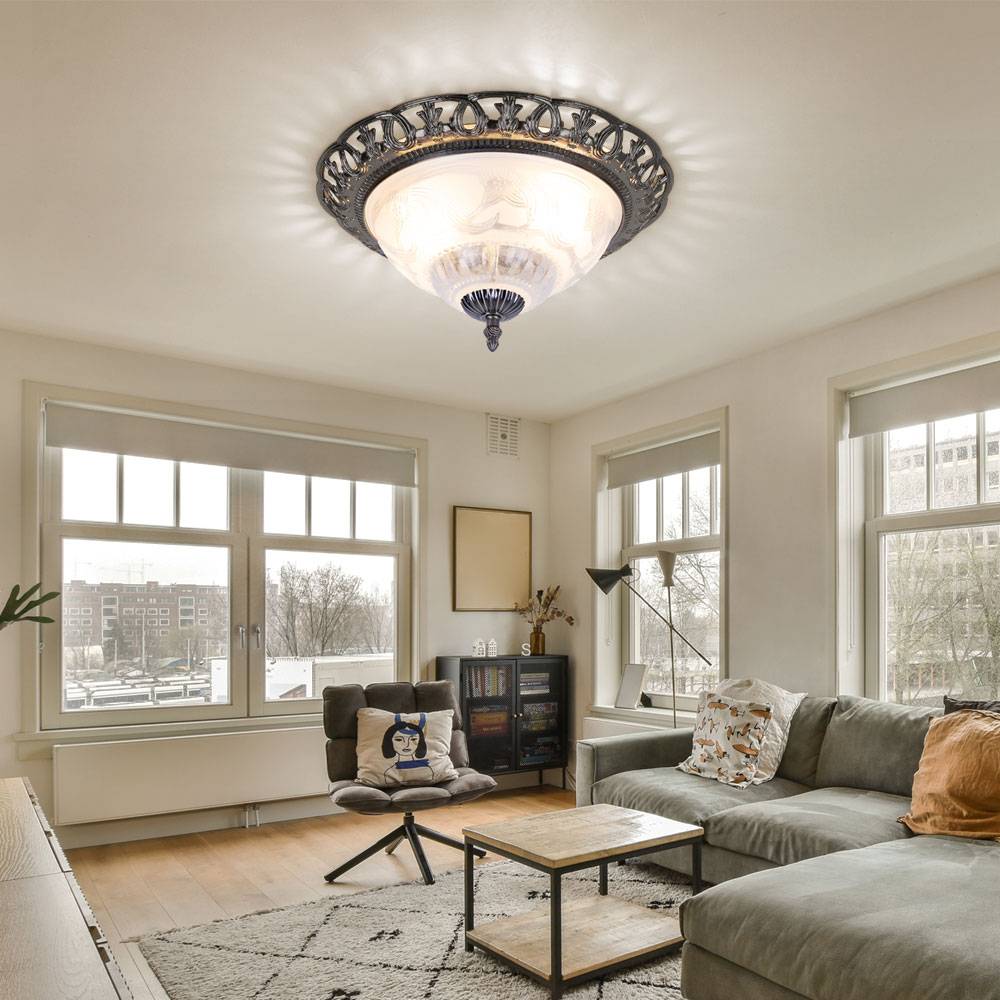 Deckenlampe weiß Wohnzimmerlampe antik silber Deckenleuchte rund, Retrolampe Perlmutt verschnörkelte Elemente, Metall, 2x E14 Fassungen, DxH 33x17