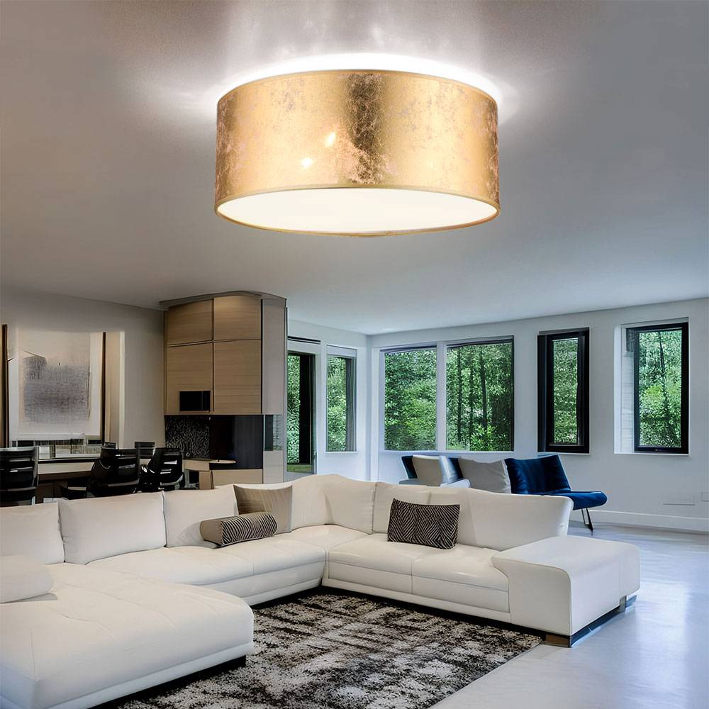 Deckenleuchte gold Textil Deckenlampe Stoffschirm Wohnzimmerleuchte Decke gold, nickel-matt satiniert, 3 Flammig E14, DxH 40x17,5 cm