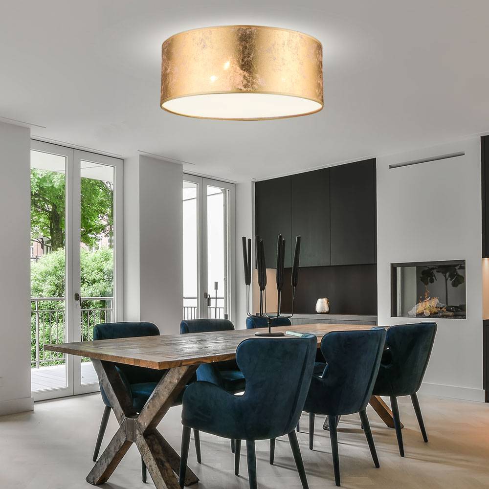 Deckenleuchte gold Textil Deckenlampe Stoffschirm Wohnzimmerleuchte Decke gold, nickel-matt satiniert, 3 Flammig E14, DxH 40x17,5 cm