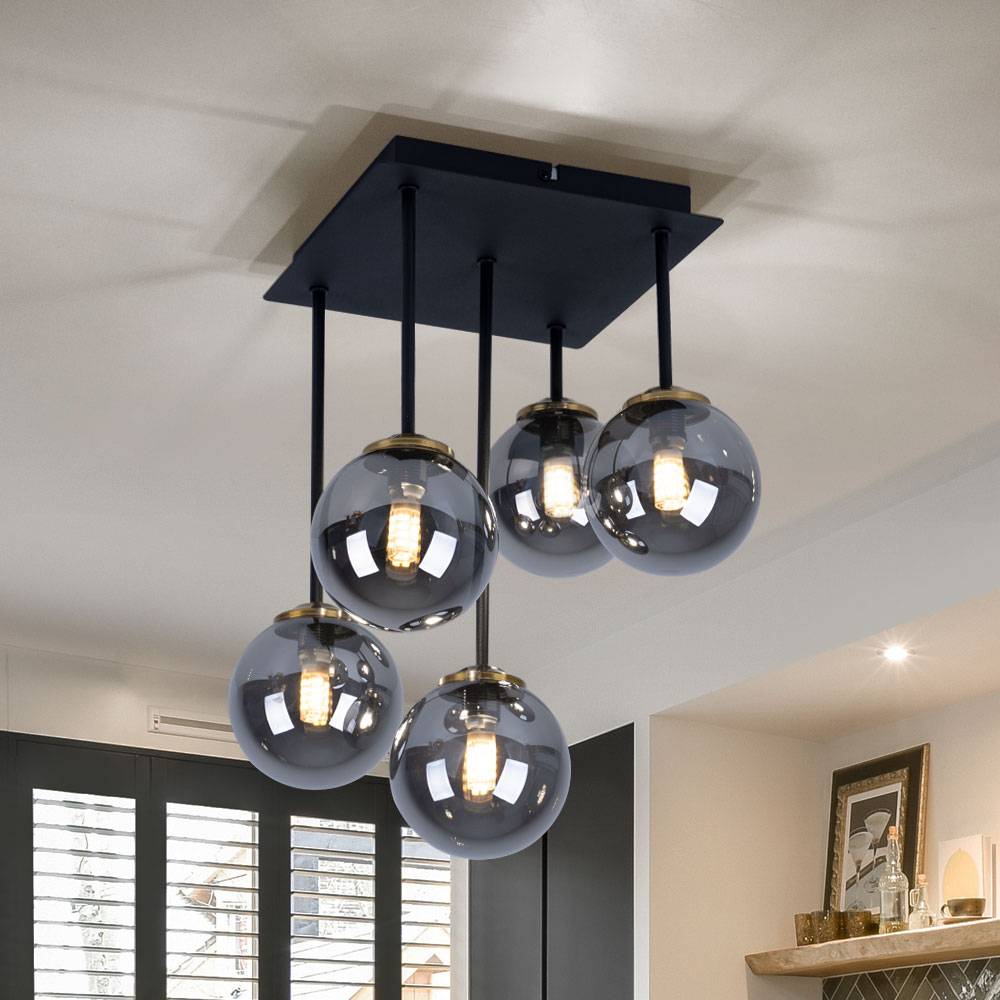 Deckenleuchte Kugellampe Wohnzimmerleuchte 5-flammig, Metall Messing, schwarz, Rauchglas, 5x G9 Fassungen, LxBxH 25,5x25,5x38 cm