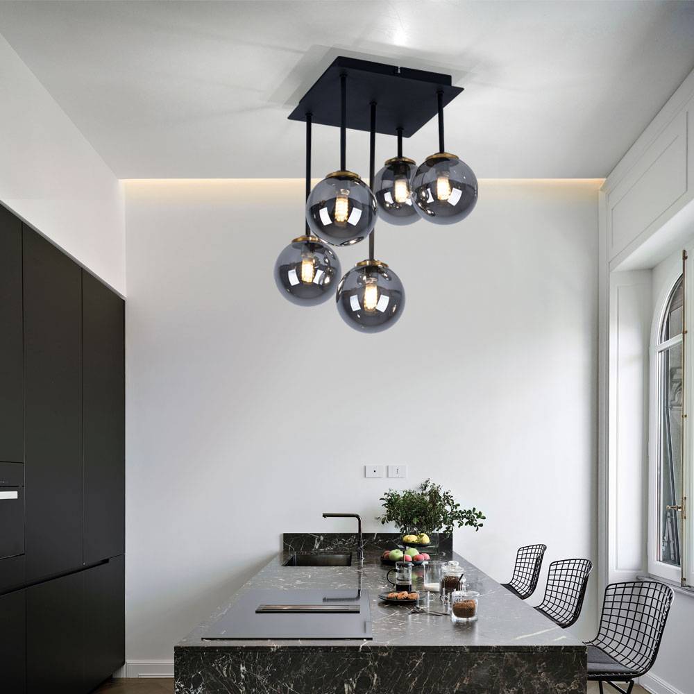Deckenleuchte Kugellampe Wohnzimmerleuchte 5-flammig, Metall Messing, schwarz, Rauchglas, 5x G9 Fassungen, LxBxH 25,5x25,5x38 cm