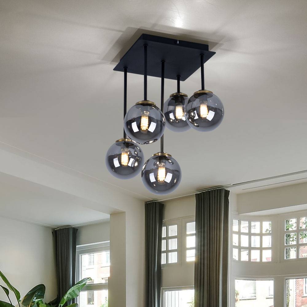 Deckenleuchte Kugellampe Wohnzimmerleuchte 5-flammig, Metall Messing, schwarz, Rauchglas, 5x G9 Fassungen, LxBxH 25,5x25,5x38 cm