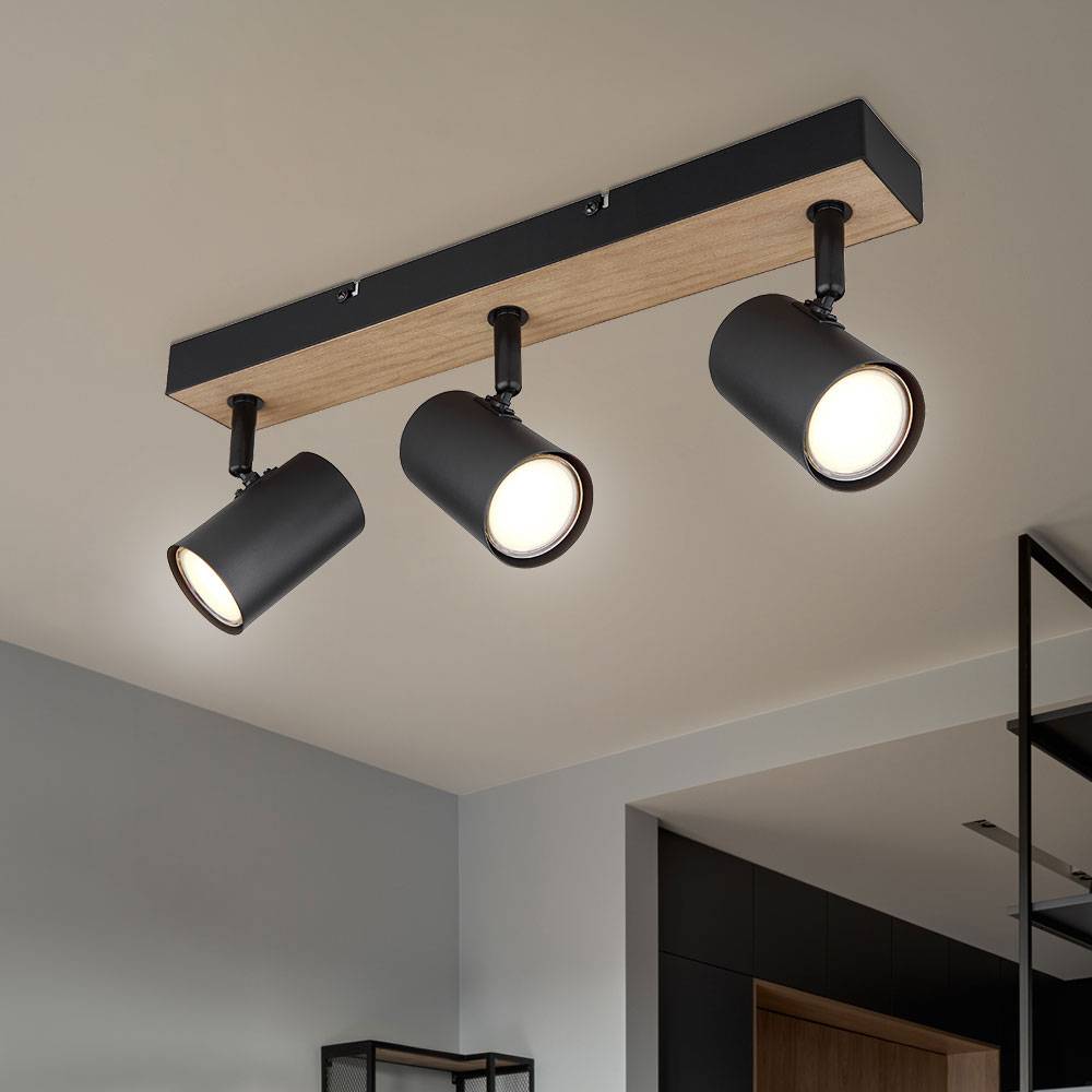 Deckenlampe Deckenleuchte Schlafzimmerleuchte 3-flammig Spotleiste Strahler schwenkbar, Metall Holz, schwarz, GU10, LxBxH 41x6x13,5 cm