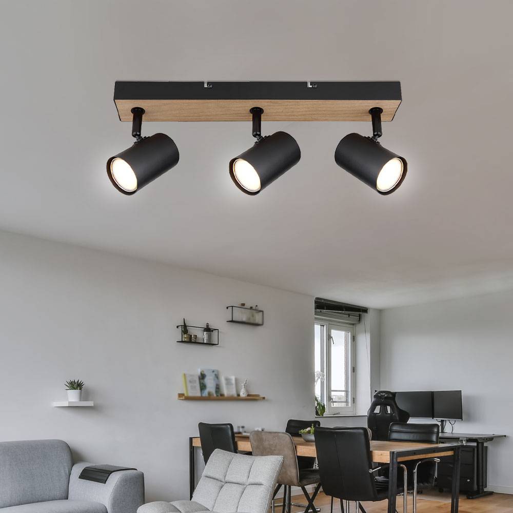 Deckenlampe Deckenleuchte Schlafzimmerleuchte 3-flammig Spotleiste Strahler schwenkbar, Metall Holz, schwarz, GU10, LxBxH 41x6x13,5 cm