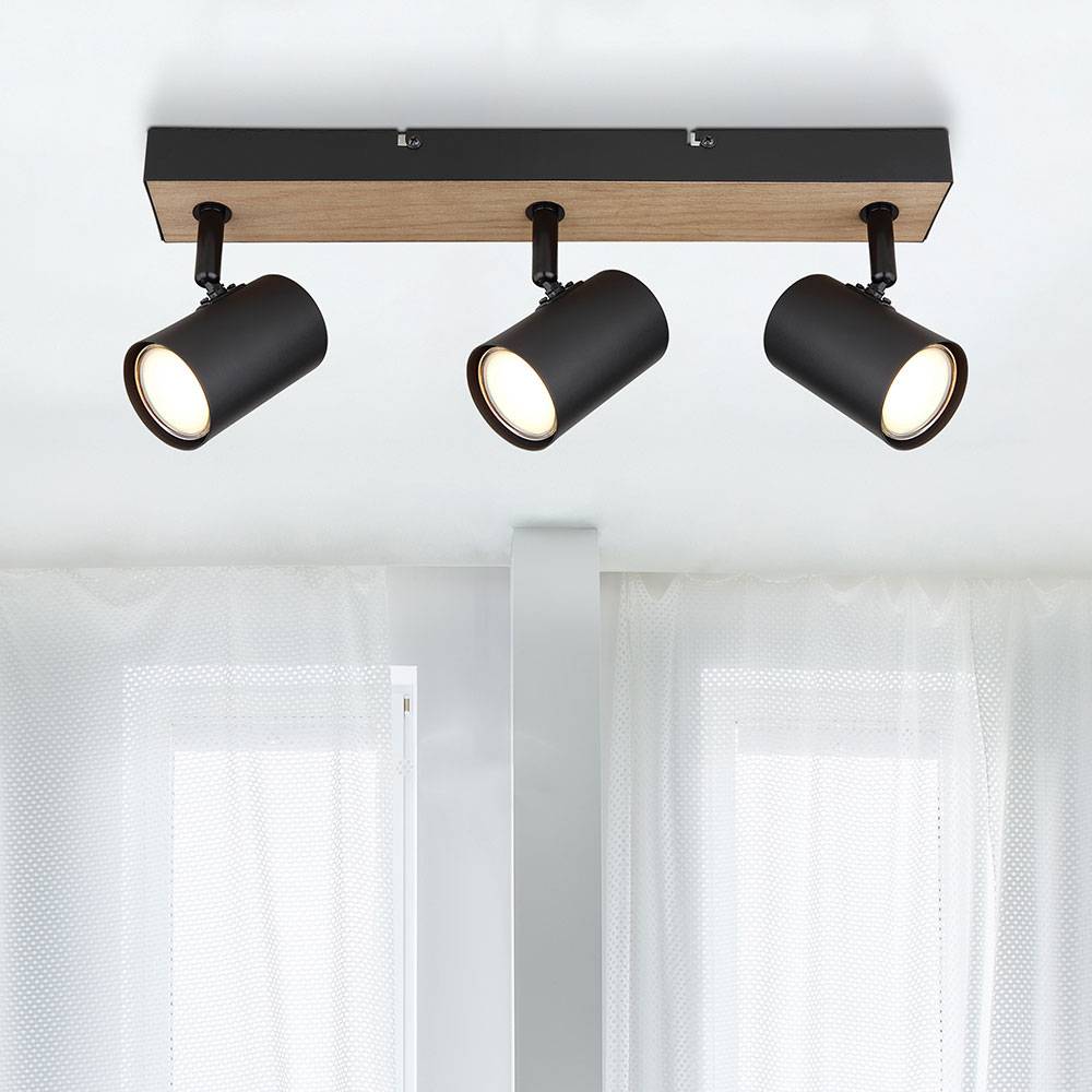 Deckenlampe Deckenleuchte Schlafzimmerleuchte 3-flammig Spotleiste Strahler schwenkbar, Metall Holz, schwarz, GU10, LxBxH 41x6x13,5 cm