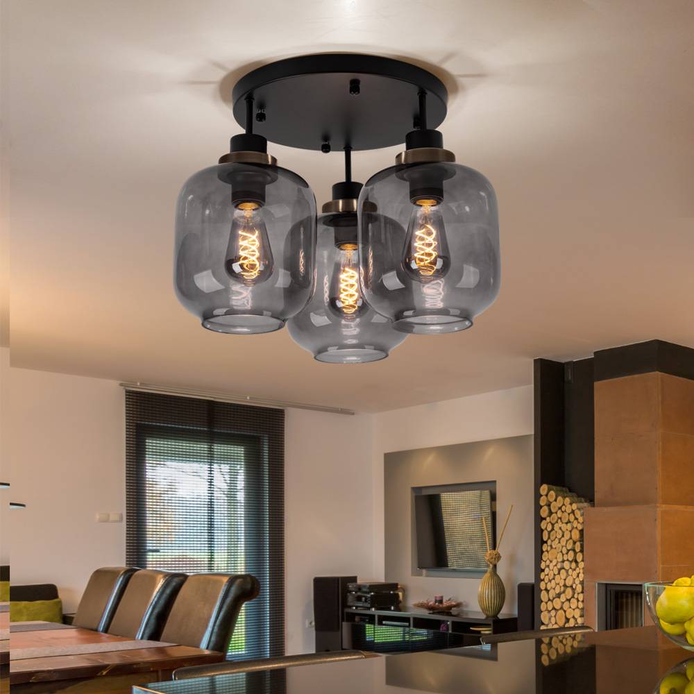 Deckenlampe Deckenleuchte Esstisch schwarz Flurlampe Designlampe 3-flammig Glas Schirm rauch, Metall matt, 3x E27 Fassung, DxH 45x33 cm