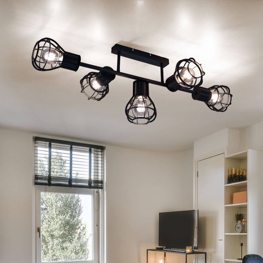 Deckenlampe Deckenleuchte Spotleuchte Esszimmer Käfigoptik 5 flammig Deckenlampen, Metall schwarz, 5x E27 Fassung, LxBxH 90x37x30 cm