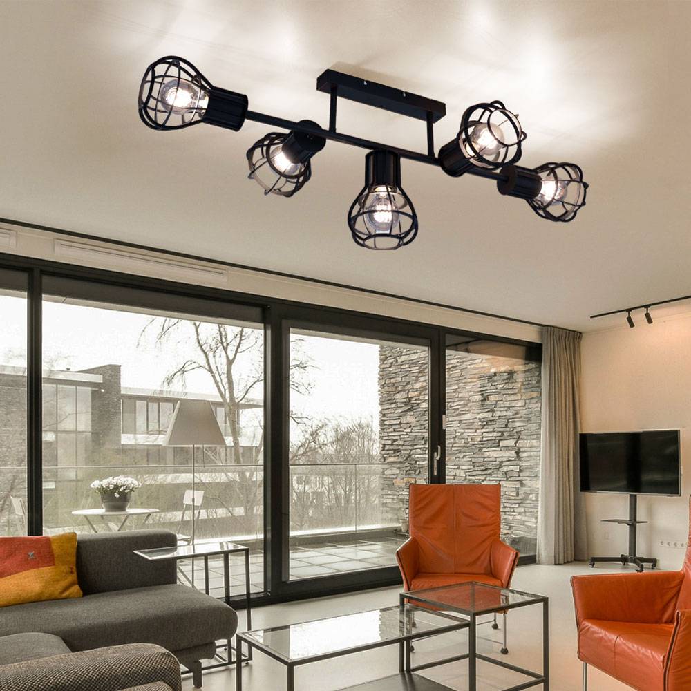 Deckenleuchte Deckenlampe Spotleuchte Esszimmer Käfigoptik 5 flammig Deckenlampen, Metall schwarz, 5x E27 Fassung, LxBxH 90x37x30 cm