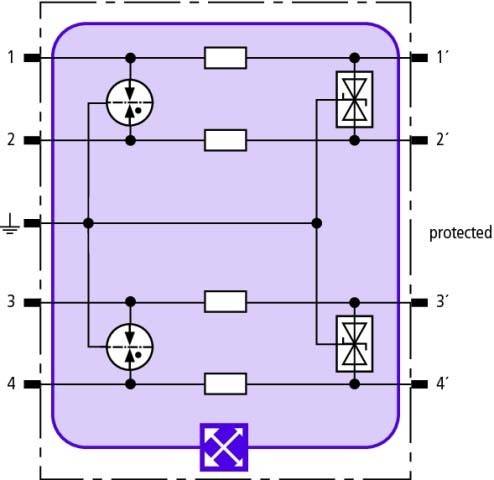 Technische Darstellung einer geschützten elektrischen Schaltung mit Symbolen: eine Diode und ein Schalter an den Positionen '1', '2', '3' und '4'.