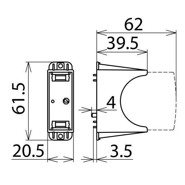 Technische Maßstabszeichnung einer Halterung oder Schelle mit Vorder- und Seitenansicht mit Abmessungen 61,5, 20,5, 62, 39,5, 4 und 3,5 mm.