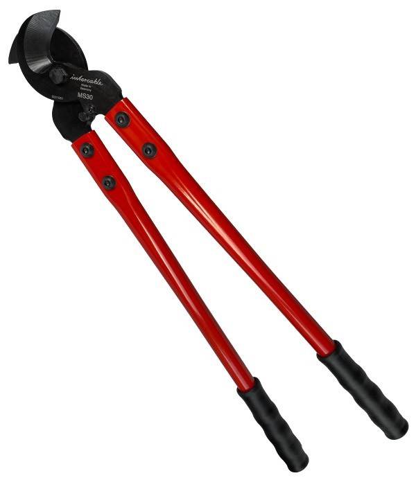 Rot-griffe Bolzenschneider mit schwarzen Griffen und einem robusten, dunklen Metallkopf. Zum Durchtrennen von Drähten oder Metallbolzen, geeignet für schwere Arbeiten.