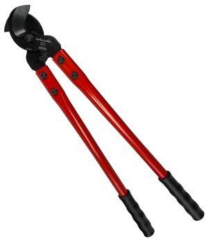 Roter Bolzenschneider mit schwarzen Griffen und Backen, verwendet zum Schneiden harter Materialien wie Bolzen und Drähten.