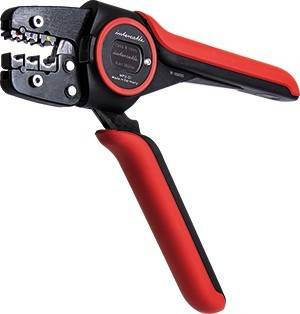 Rot-schwarzer Kabelcrimpzange mit mehreren Matrizen für unterschiedliche Kabelquerschnitte, ausgestattet mit ergonomischen Griffen für angenehmes Arbeiten.