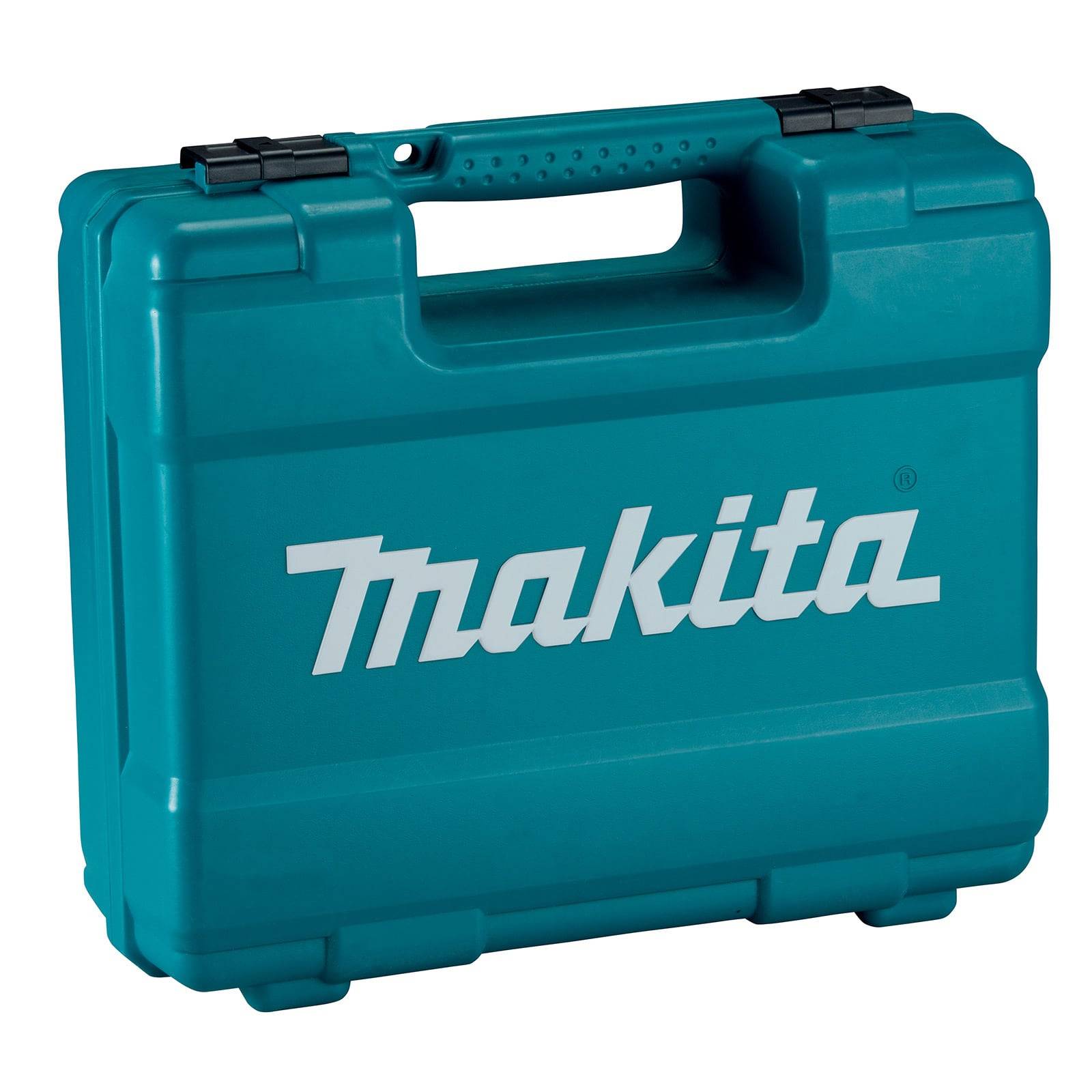 Ein blauer Makita Werkzeugkoffer aus Kunststoff mit einem Griff, auf dem vorne das weiße Makita-Logo prangt.