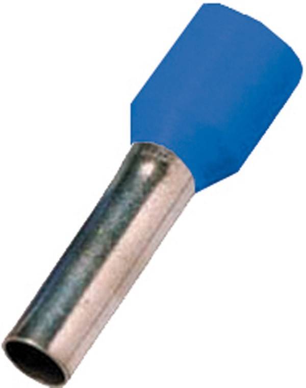 Eine blaue isolierte Kabelendlülse mit einem silbernen vercrimpten Metallrohr, verwendet zum Verbinden von Drähten.