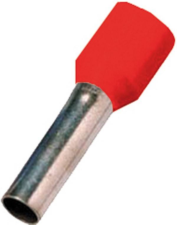 Ein roter isolierter Aderendhülse mit einem Metallrohr zur Kabelendbearbeitung.