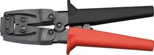 Eine Nahaufnahme einer Handkabelzange mit schwarzen Metallbacken und roten Kunststoffgriffen für elektrische Arbeiten.