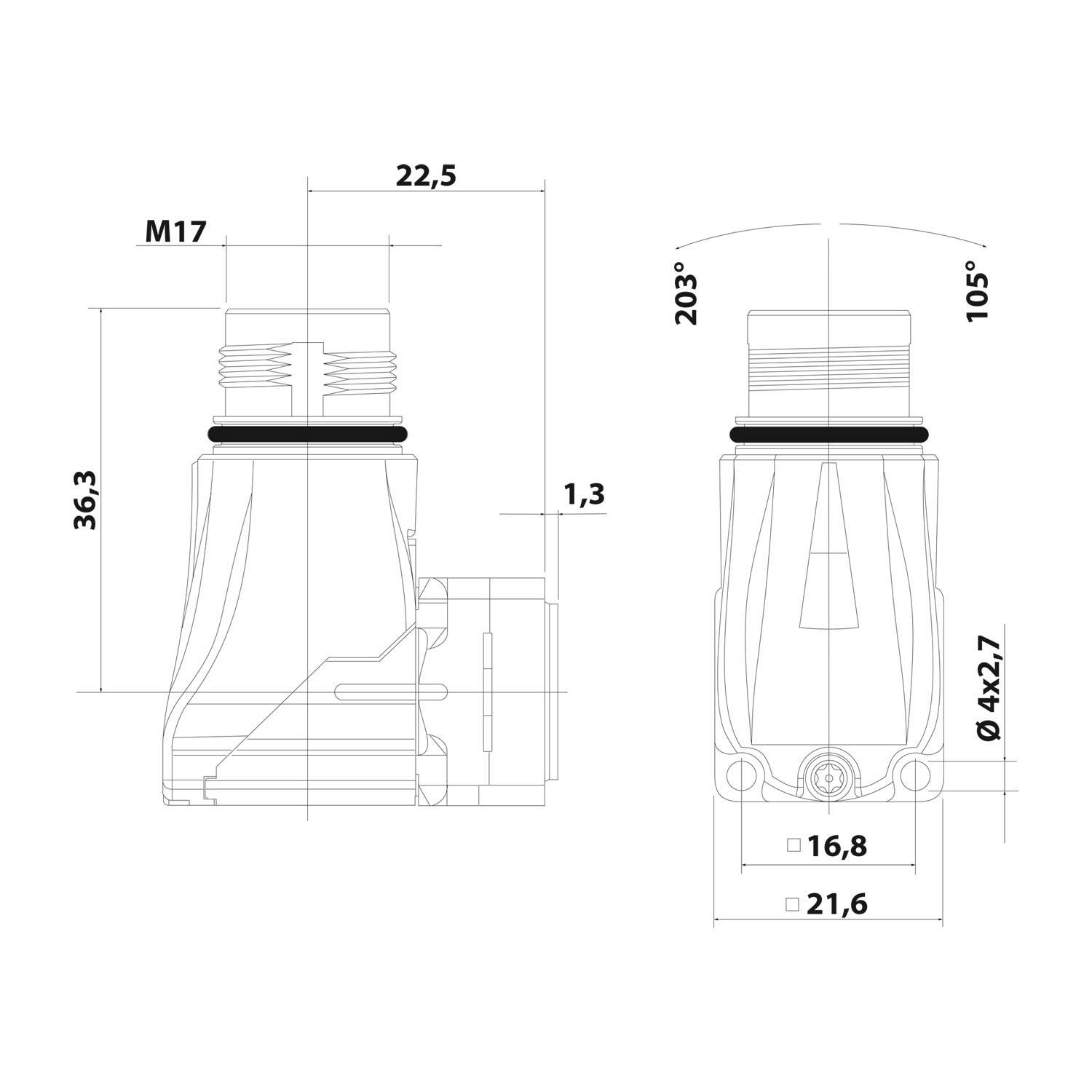 Linienzeichnung einer mechanischen Vorrichtung mit Maßangaben: Höhe 36,3 mm, Breite 22,5 mm. Draufsicht zeigt M17-Größe.