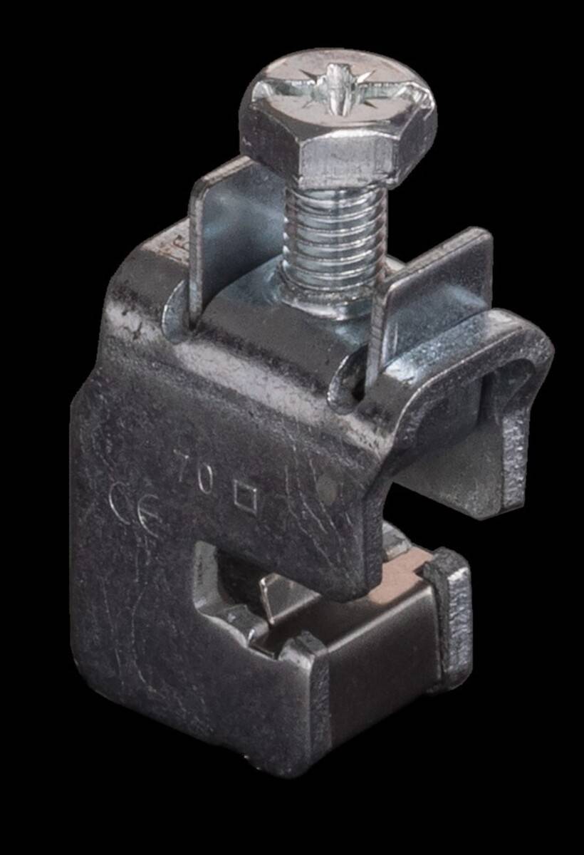 Eine metallische Klemme mit einem Gewindebolzen zum Befestigen von Komponenten. Sie weist ein gerilltes Design und eine '70' Markierung an der Seite auf.